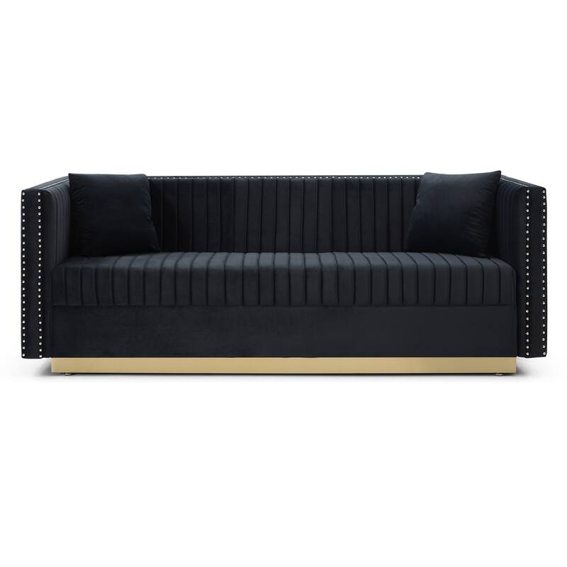 Contemporary Velvet Sofa with Channel Tufting and Gold Base, Perfect for Living Room or Apartment