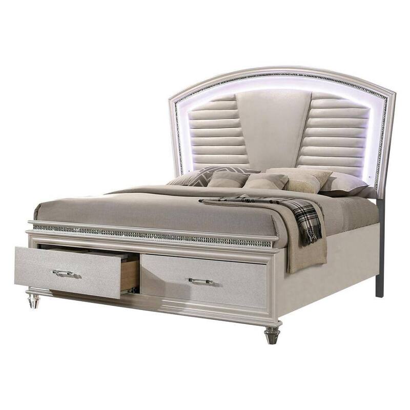 Sam King Bed with LED Lights, Storage, White Tufted Faux Leather