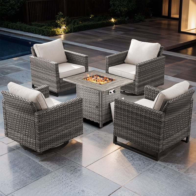 5 Pieces Fire Pit Table with Outdoor Swivel Chair Patio Chair - Gray Wicker - Beige cushion