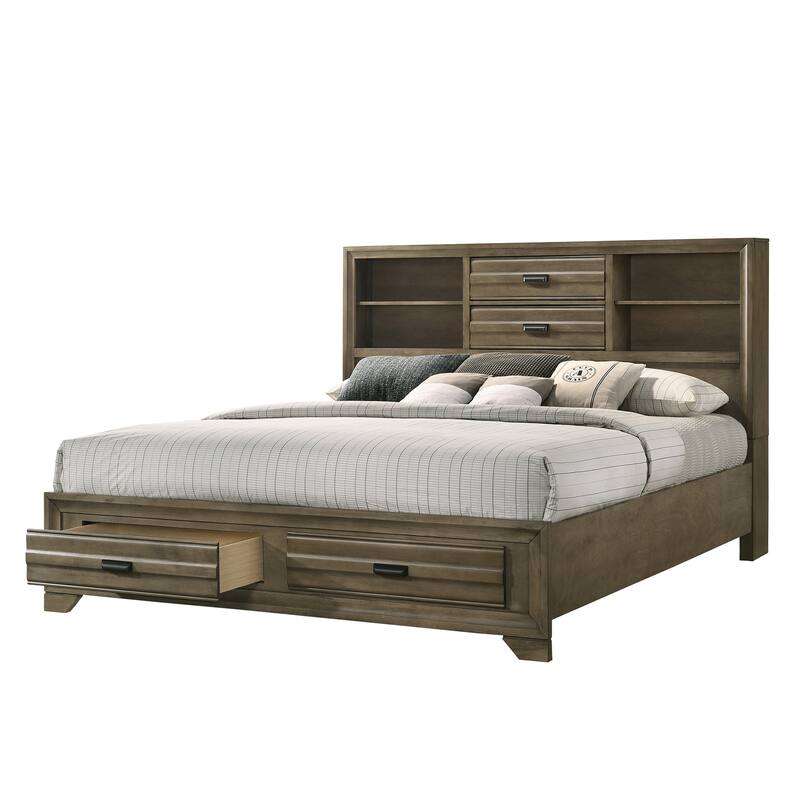 Roundhill Furniture Loiret Rubbed Gray Oak Finish Wood Storage Platform Bedroom Set with Dresser, Mirror, Two Nightstands