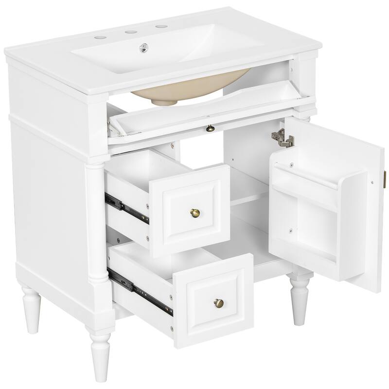 Roomfitters 30" Bathroom Vanity with Sink, Solid Wood Frame, Flip Drawer, 2 Drawers & Door Rack