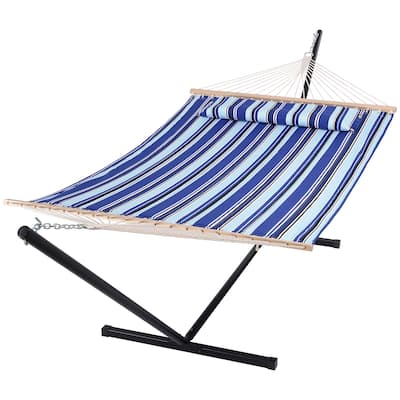 Two Person Hammock with Stand Heavy Duty, Free Standing Hammocks Outdoors for 2 Person, Max 475lbs Capacity, Blue Stripes