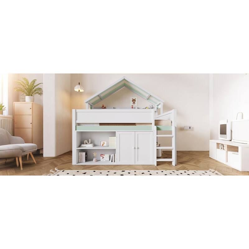 Roomfitters Full Size Loft Bed with House Canopy Roof and Storage Cabinet