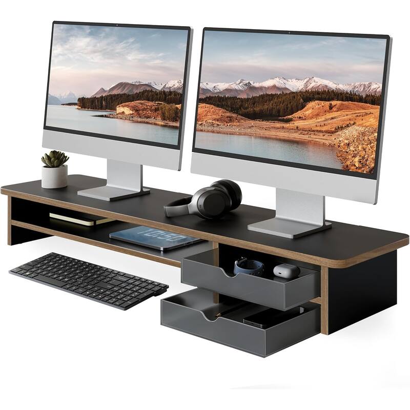 Fenge Dual Monitor Stand, 42.5inch Monitor Riser with Acrylic Drawer - Black