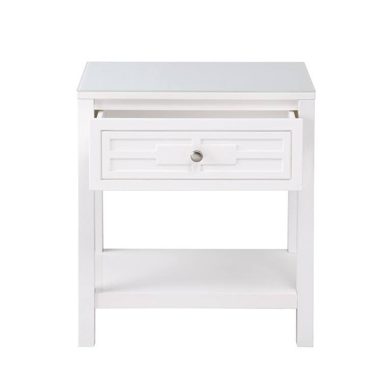 Moodern Glass Top Nightstand with Drawer and Open Shelf Storage Area,Sturdy Hardwood Legs Coffee