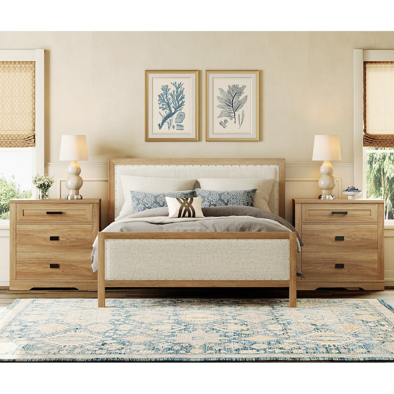 Large Nightstand for Bedroom,Farmhouse Bedside Table with Wide Drawers - Vintage Oak - 6-drawer