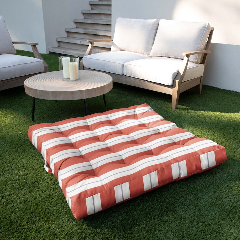 Sorra Home Sunbrella Striped Large Indoor/Outdoor Square Tufted Floor Pillow with Handle (Single Pillow)