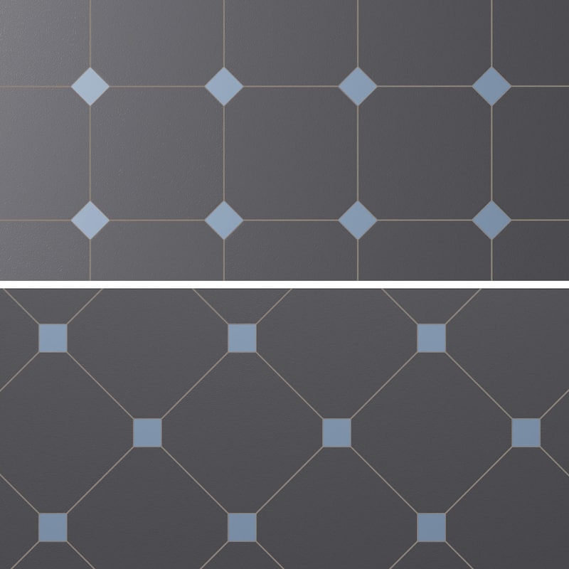 Merola Tile Vaudeville Octagon Antracita with Taco Azzuro 7-7/8" x 7-7/8" Porcelain Floor and Wall Tile