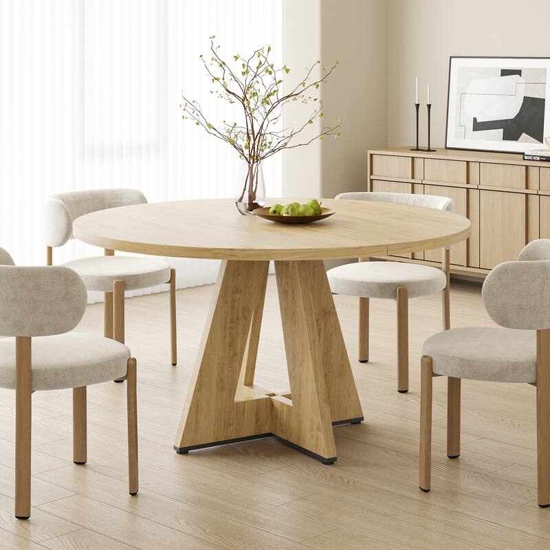 47" Round Dining Table for 4-7 People, Modern Wood Kitchen Table with Metal Base, Large Round Dinner Table