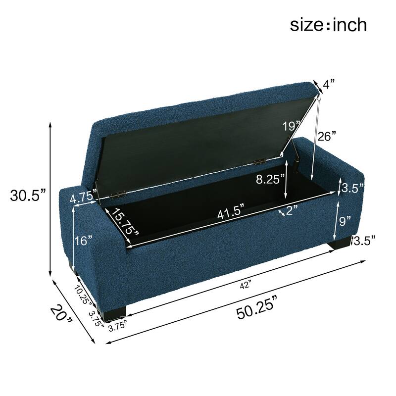 50" Ottoman Bench in Textured Fabric, Rectangular Design with Hinged Lid for Seating, Footrest, and Hidden Storage