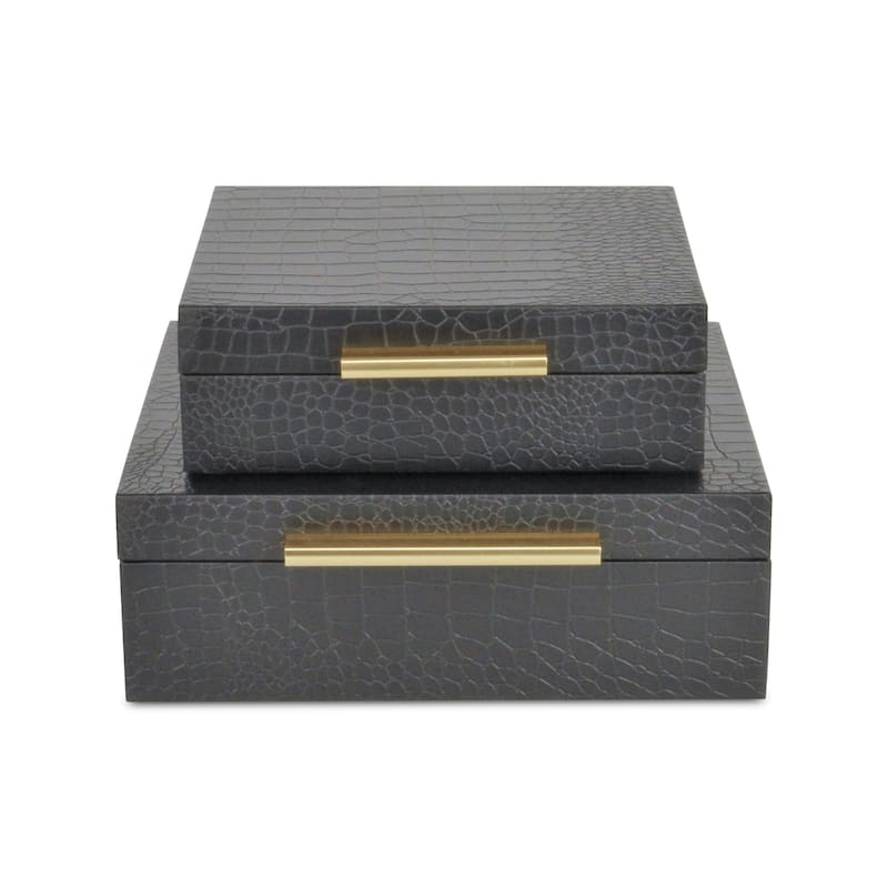 Set of 2 Black Square Faux Croco Decorative Box with Handles 9.75"
