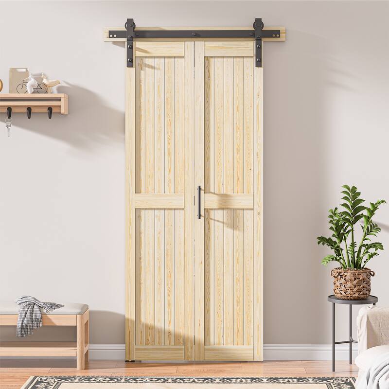 Assembled 30in./32in./36in./40in./44in./48in. x 84 in. Solid Core Pine Wood Bi-Fold Door With Hardware Kit - 30in.x84in. - Unfinished