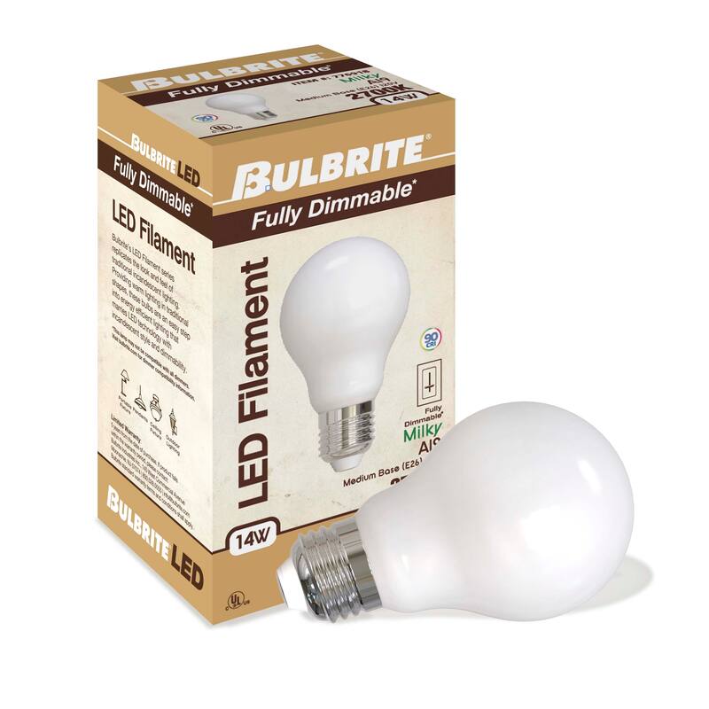 Bulbrite LED Filament Pack of (4) 14 Watt Dimmable A19 Light Bulb with Milky Glass Finish and Medium (E26) Base