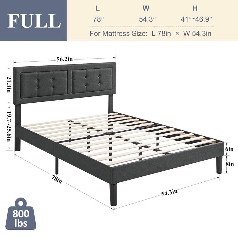 Strong Frame and Wooden Slats Support Bedframe，Platform Bed Frame with Linen Upholstered Headboard,Grey Bed Frames