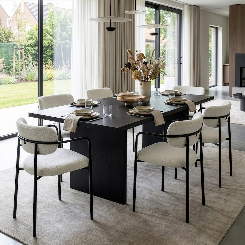 Set of 2 Bedivere Beige Boucle Fabric Dining Chair with Black Iron Arms and Legs