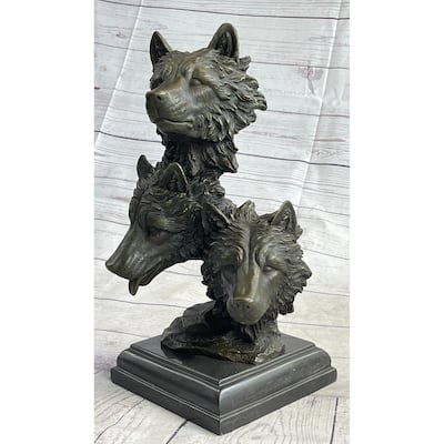 Three Wolves Heads Bronze Wolf Bust Sculpture Statue Decor On Marble Base 14 Inches X 8 Inches