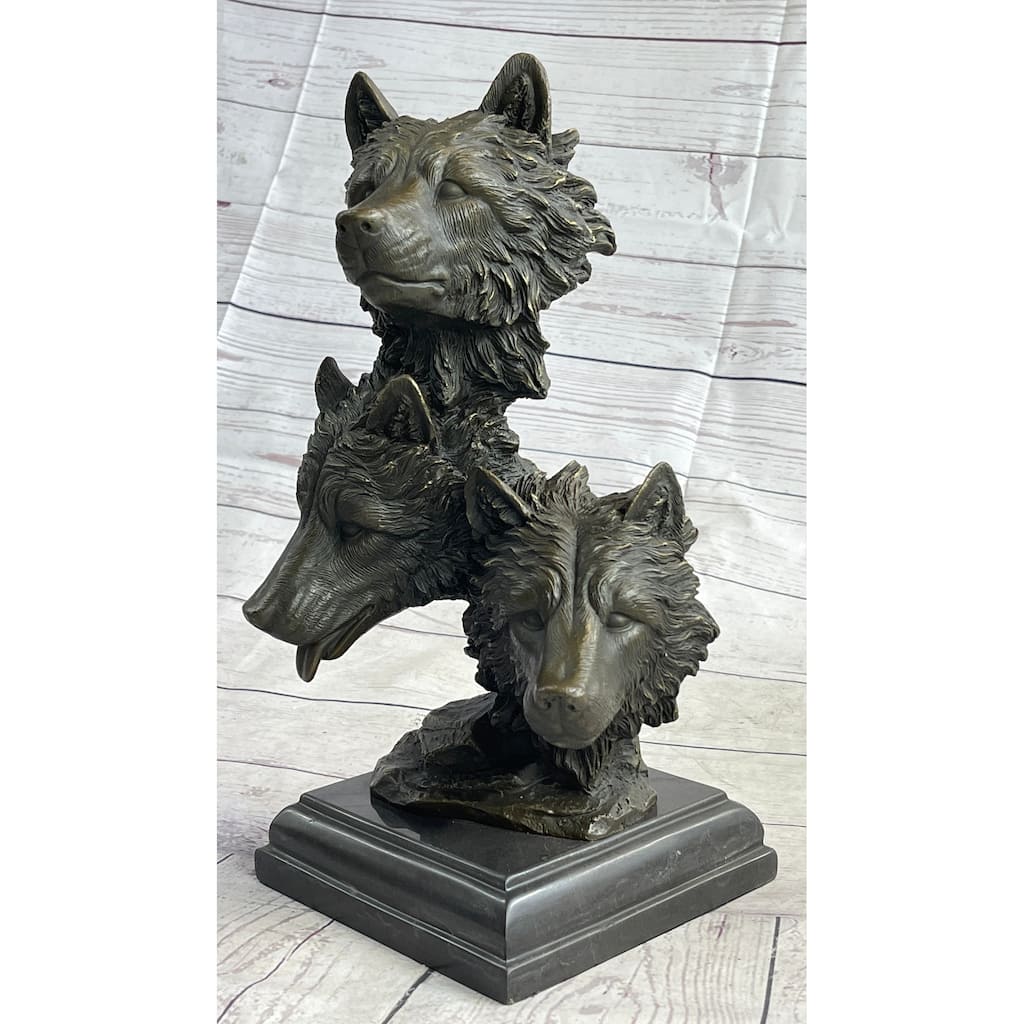 Three Wolves Heads Bronze Wolf Bust Sculpture Statue Decor On Marble Base 14 Inches X 8 Inches