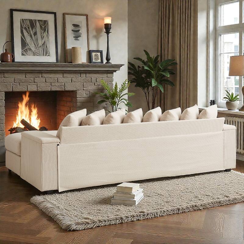 Oversized L Shaped Sectional Sofa with Chaise, Corduroy Upholstered Couch with Armrest Storage and Ottoman