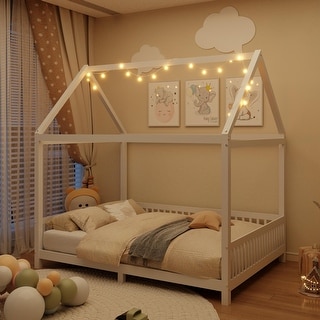 Wood Full House-Shaped Kids Pine Bed Frame with 13.9'' height Guardrails and LED Design for Bedroom, White, Easy to Assemble