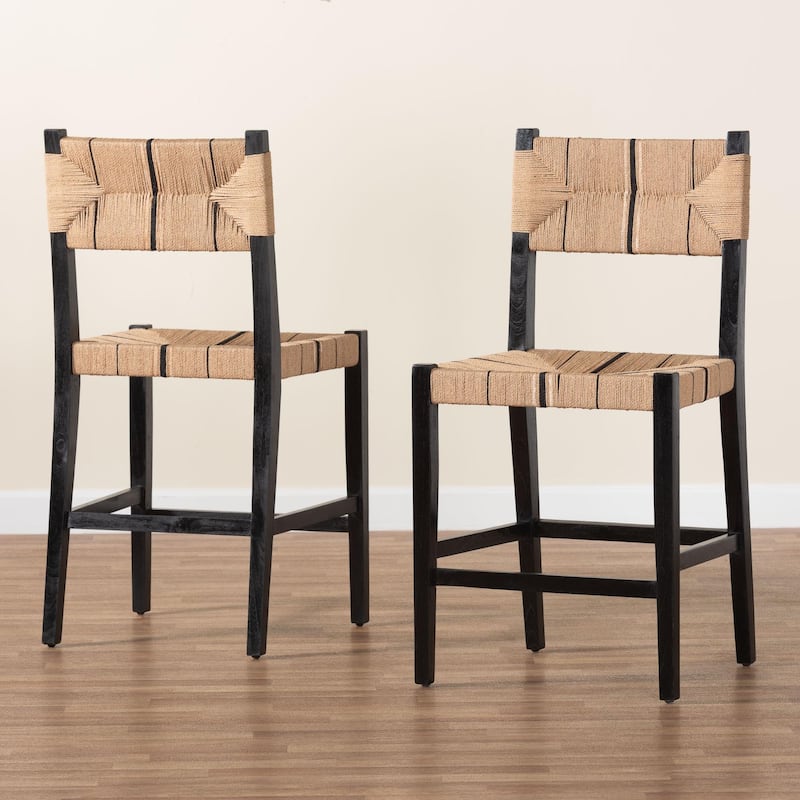 Prita Bohemian Paper Loom and Mahogany Wood 2-Piece Counter Stool Set