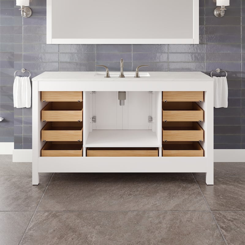Eviva Aberdeen 60"W x 22"D Bathroom Vanity with White Carrara Quartz Countertop and Undermount Porcelain Sink