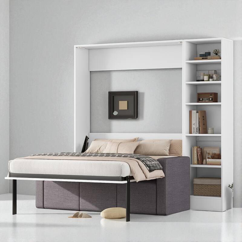 Twin/Full Size Murphy Wall Bed with Sofa and Storage Shelves, Foldable Space-Saving Design for Guest Rooms - White - Full