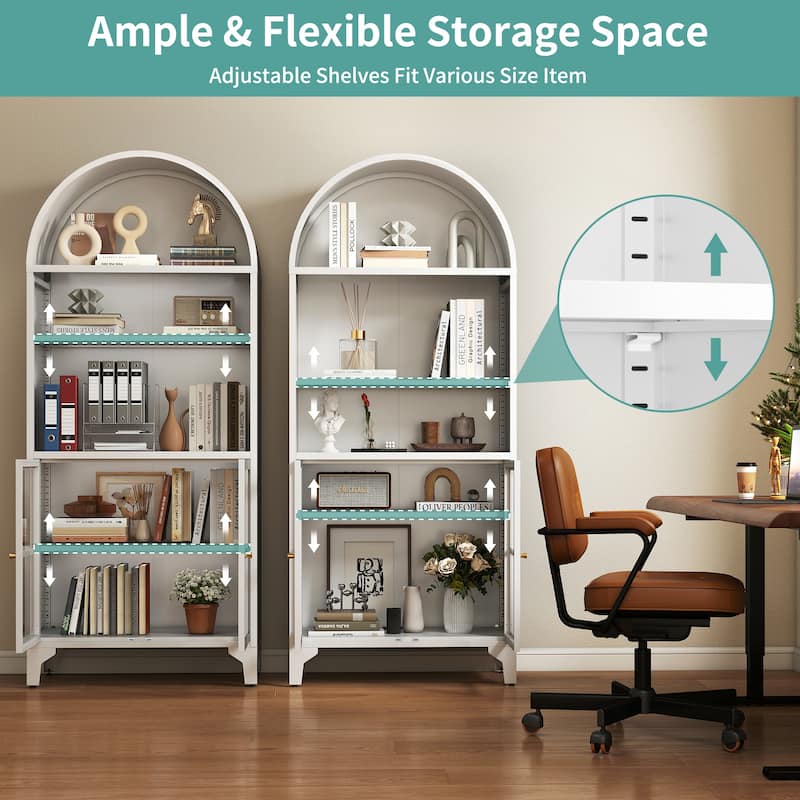 73.6-Inch Arched Metal Storage Display Cabinet with Adjustable Shelves