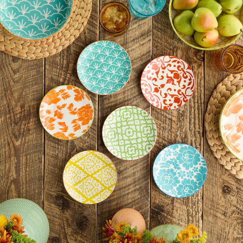 Certified International Pavillion 6" Canape/Luncheon Plates, Set of 6 Assorted Designs - 6.00"L x 6.00"W x 0.75"H