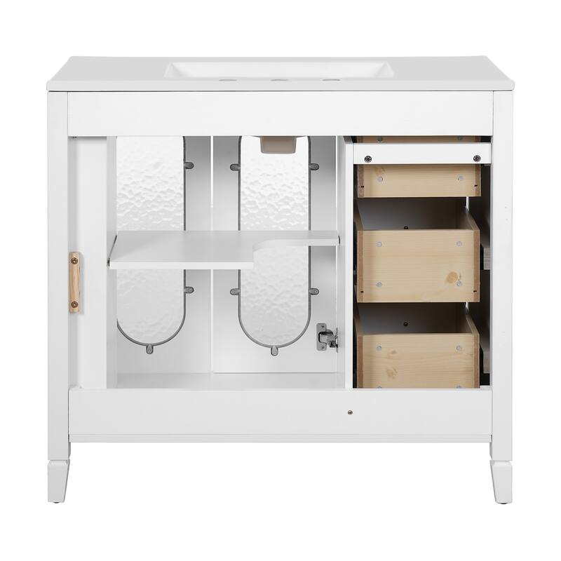 36" Ceramic Basin Bathroom Vanity, Soft Close Glass Doors Bathroom Storage Cabinet with 3 Drawers