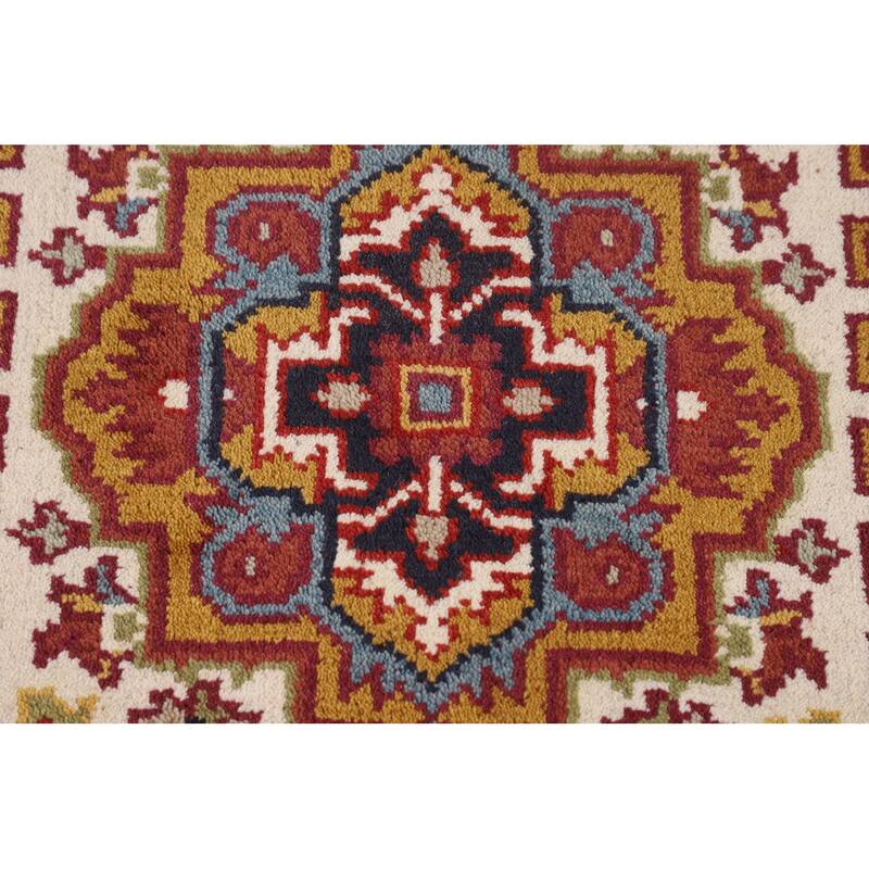 Ivory Geometric Heriz Serapi Oriental Runner Rug Handmade Wool Carpet - 2'7"x 10'10"