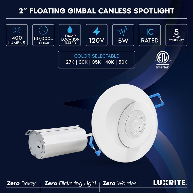 LUXRITE 2 Inch Floating Gimbal LED Recessed Lighting with J-Box 5W 5CCT Dimmable 400 Lumens Damp Rated IC Rated 6 Pack