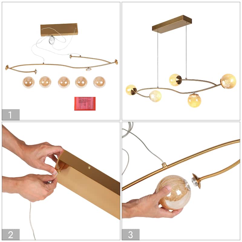 Modern Gold LED 5-Light Linear Art Glass Chandelier Kitchen Island Light - W45" x H71.2" Max