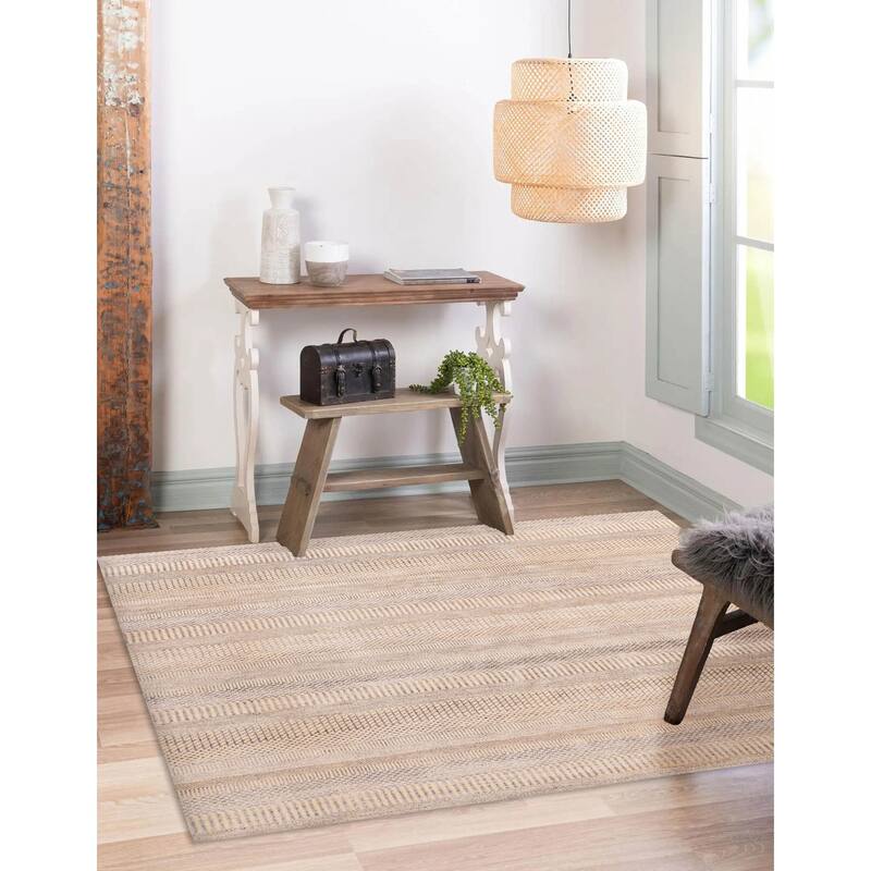 ECARPETGALLERY Hand-knotted Finest Silk Shadow Ivory Viscose, Wool Rug - 7'11 x 7'11