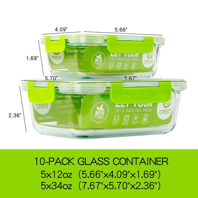 Glass Containers for Food Storage with Lids, [10-Pack] Meal Prep Containers for Kitchen, Home Use, BPA Free