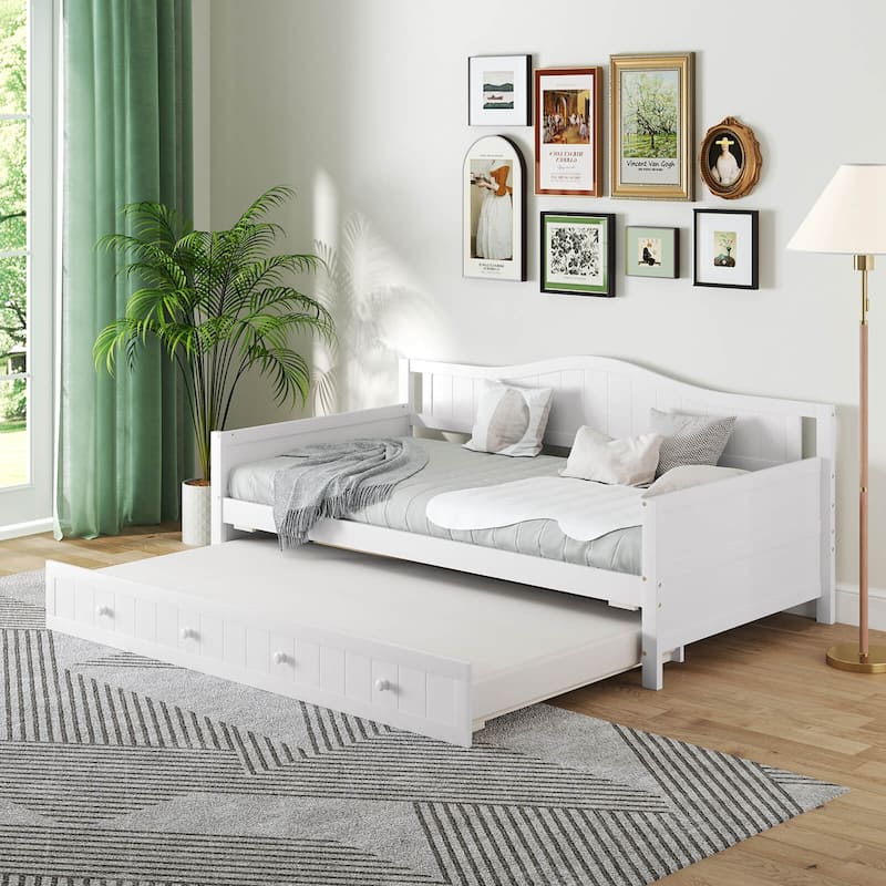 Costway Twin Size Daybed with Trundle Solid Wood Sofa Bed with Slats - White