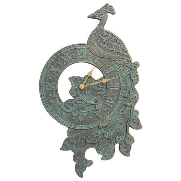 Whitehall Peacock Indoor Outdoor Wall Clock (Bronze Verdigris) - bronze verdigris