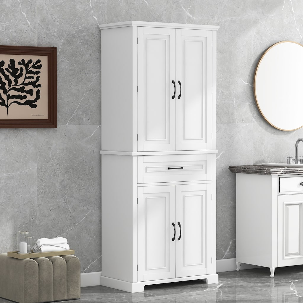 Modern Bathroom Cabinet with Doors, 1 Drawer, 3-Layer Storage Shelves and Adjustable Shelves, for Bathrooms, White