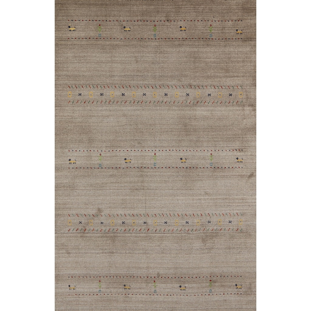 Hand Knotted Oriental 100% Wool Carpet Tribal Animal Pictorial Beige & Ivories Gabbeh Area Rug - 7' 9'' X 5' 1''