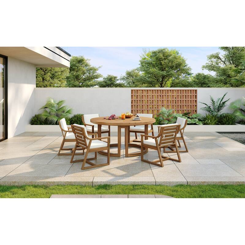 Round Patio Dining Table Set for 6 with Umbrella Hole Durable Acacia Wood Outdoor Furniture