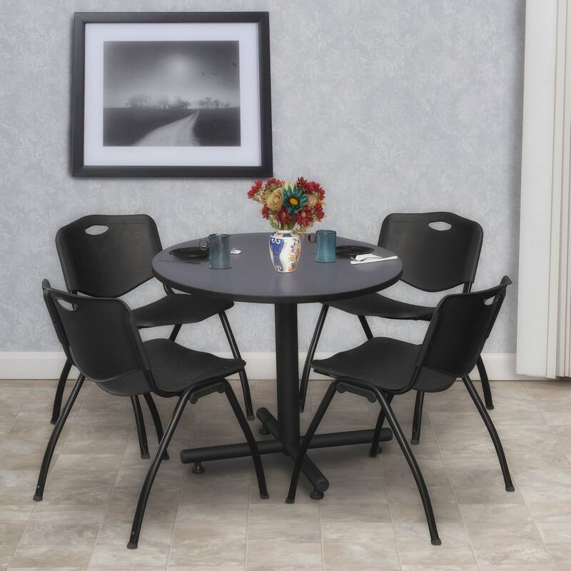 30 in. Round Breakroom Table- Grey & 4 'M' Stack Chairs- Black