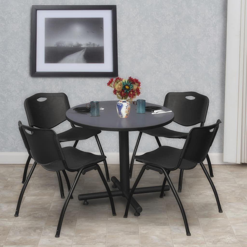 30 in. Round Breakroom Table- Grey & 4 'M' Stack Chairs- Black
