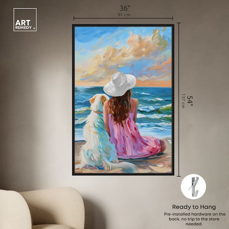 Art Remedy Girl And Her Best Friend Framed Colorful Coastal 1 Piece Canvas Wall Art