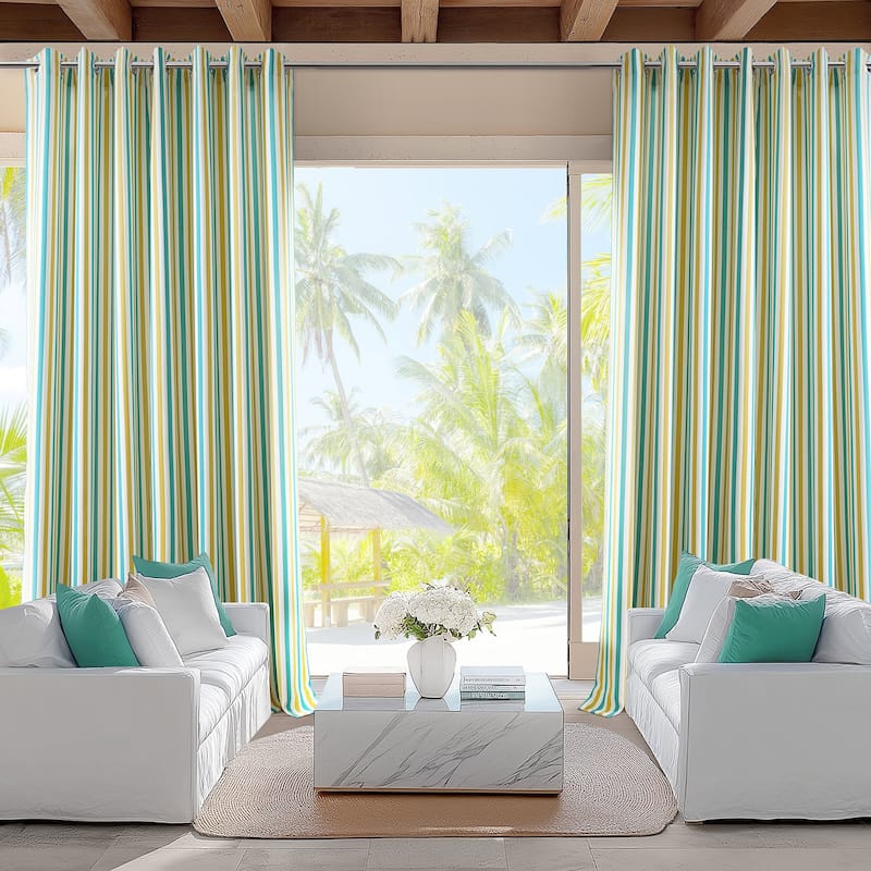 Exclusive Fabrics Villanova Striped Grommet Waterproof Light Filtering Outdoor and Indoor Curtains (1 Panel) - 50 X 96 - Tropical Sunrise Multi Green & Yellow Stripe