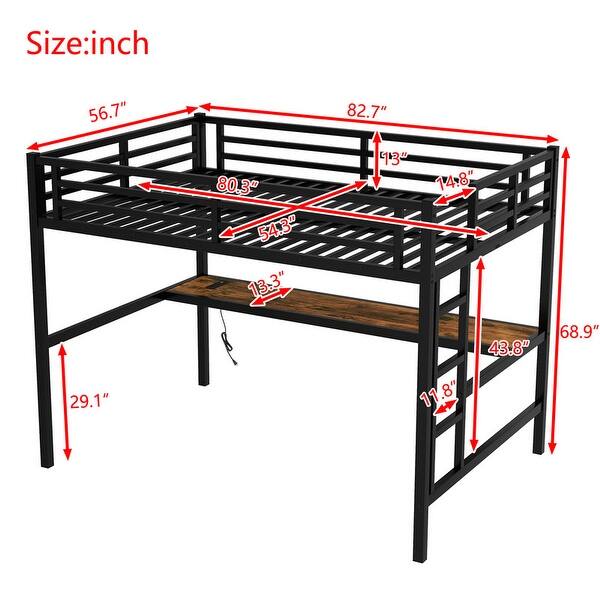Black Full XL Size Loft Bed Kids Bed with Power Outlet and LED Lighted