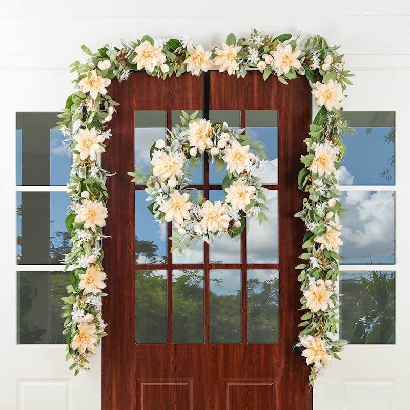 Glitzhome Peach Dahlia Floral Wreath Teardrop Garland