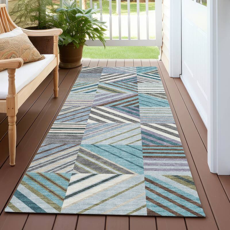 Machine Washable Indoor/ Outdoor Geo Mosaic Chantille Rug - Teal - 2'3" x 7'6"