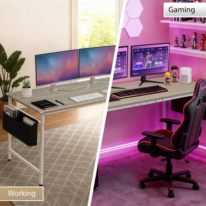 63” Computer Desk for Home Office ,Study Writing Desk with Storage, Side Hooks & Adjustable Feet