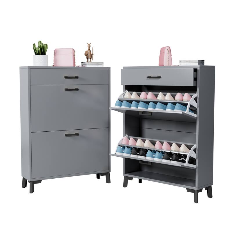 Free-Standing Shoe Organizer Cabinet with 2 Flip-Top Drawers and Metal Legs, Ample Storage for Hallway, Entryway and Porch