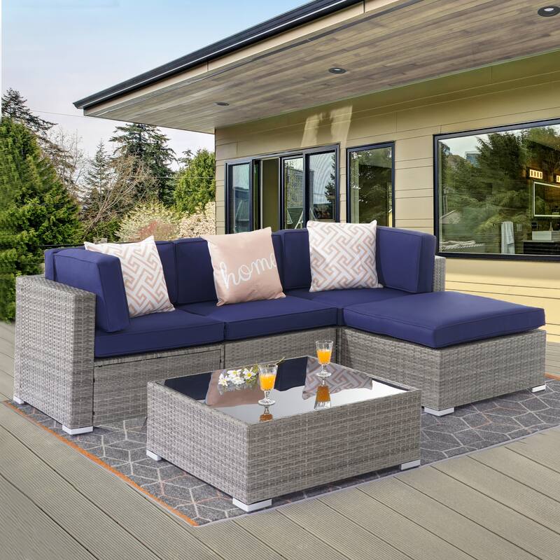 BONOSUKI 5-Piece Outdoor Brown/Gray PE Wicker Patio Conversation Sets, Swivel Rocking Sofa Set with Cushions and Ottomans