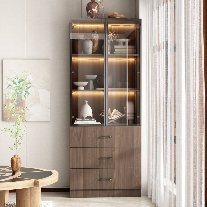 LED-Lit Wood Grain Cabinet - Configurable Storage for Home or Office